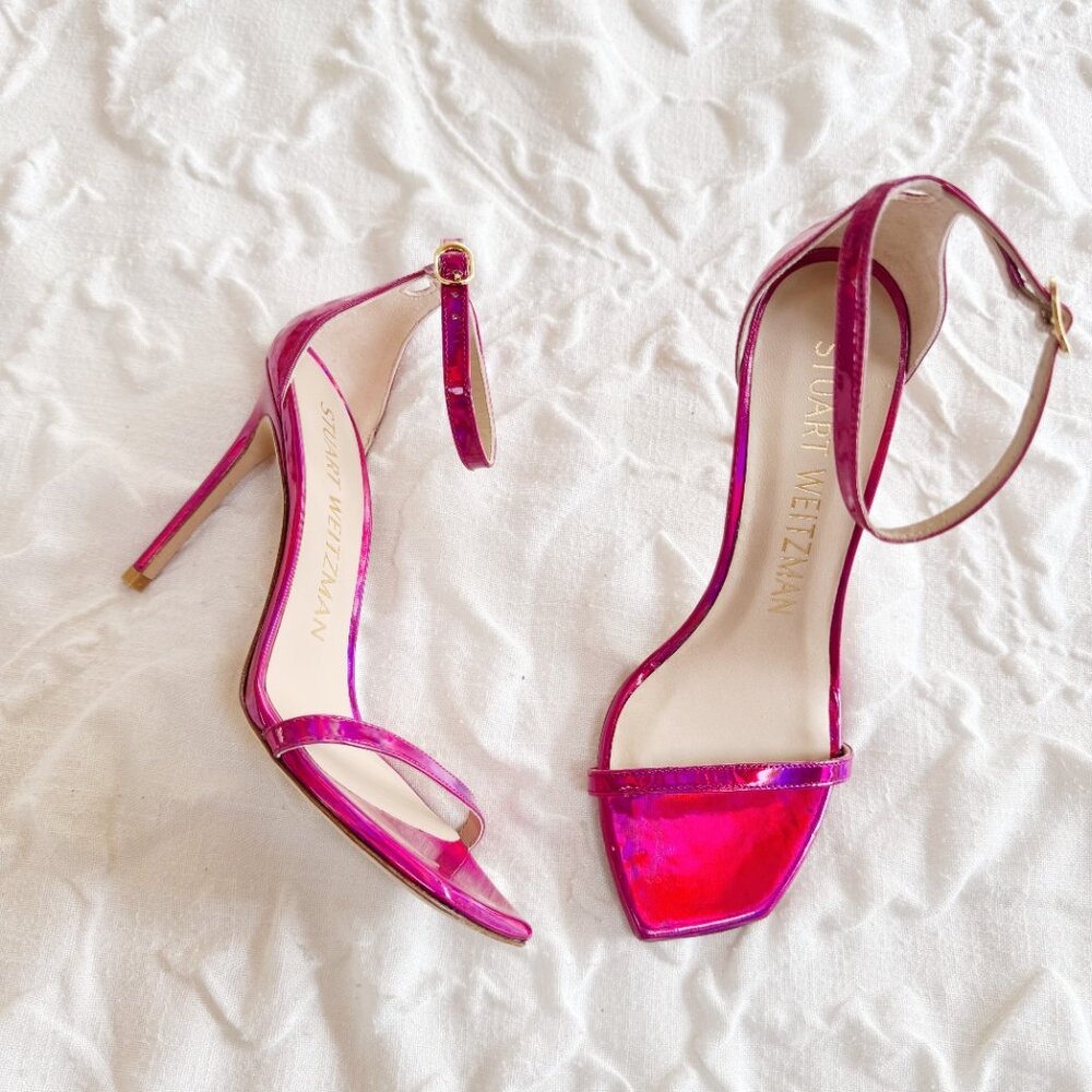 Stuart Weitzman Pink Iridescent Ankle-Strap Stiletto Sandals - Picture 8 of 10